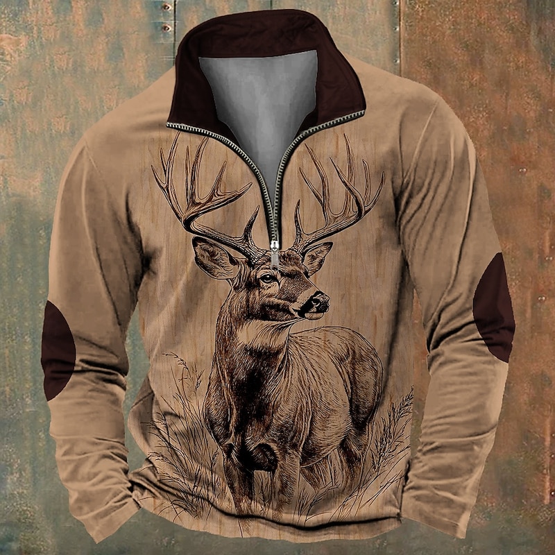 Men's Reindeer Hunting Sweatshirts Sweatshirt Zip Sweatshirt Long Sleeve Sweatshirt Crew Neck Quarter Zip Tactical Vintage Retro 3D Printing Holiday Going out Hunting Crewneck Half Zip 1/4 Zip