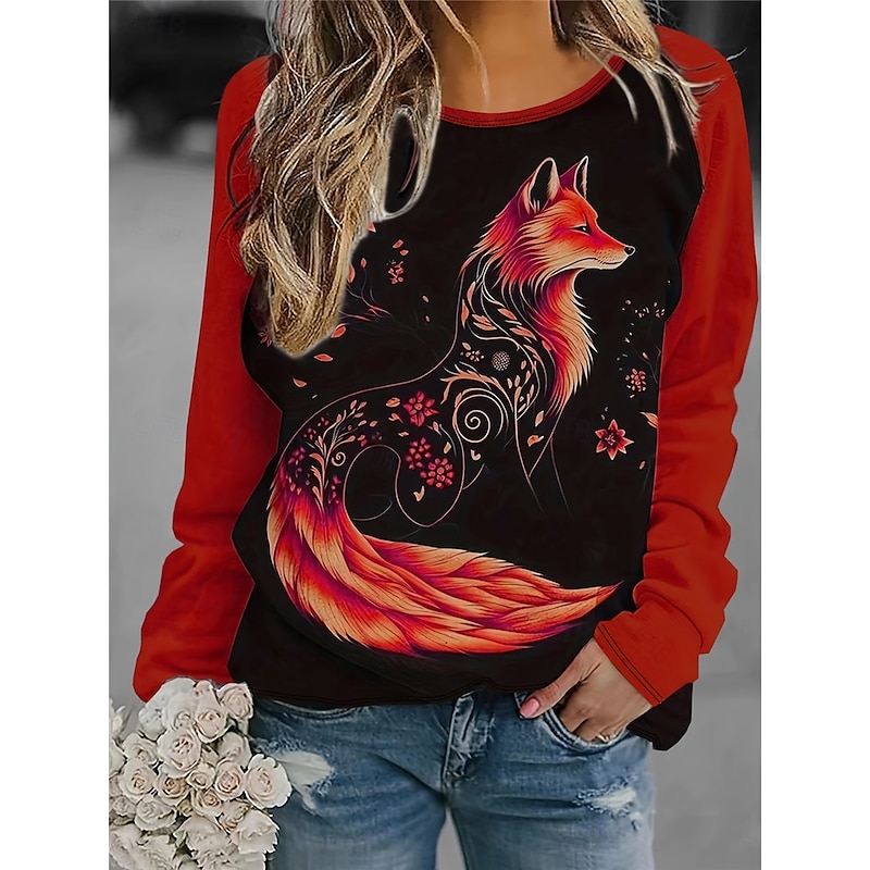 Women's T Shirt Casual Print Long Sleeve Long Tops Crew Neck Daily Red Gray Spring &  Fall