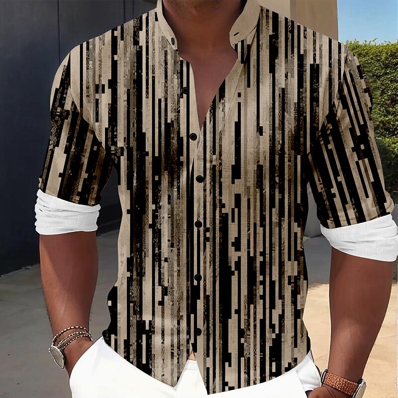 Men's Striped Geometric Pattern Dress Shirt Button Up Shirt Long Sleeve Casual Vacation Daily Summer Spring &  Fall Grandad Collar Band Collar 3D Print Blue Green Khaki Black-white Gray4