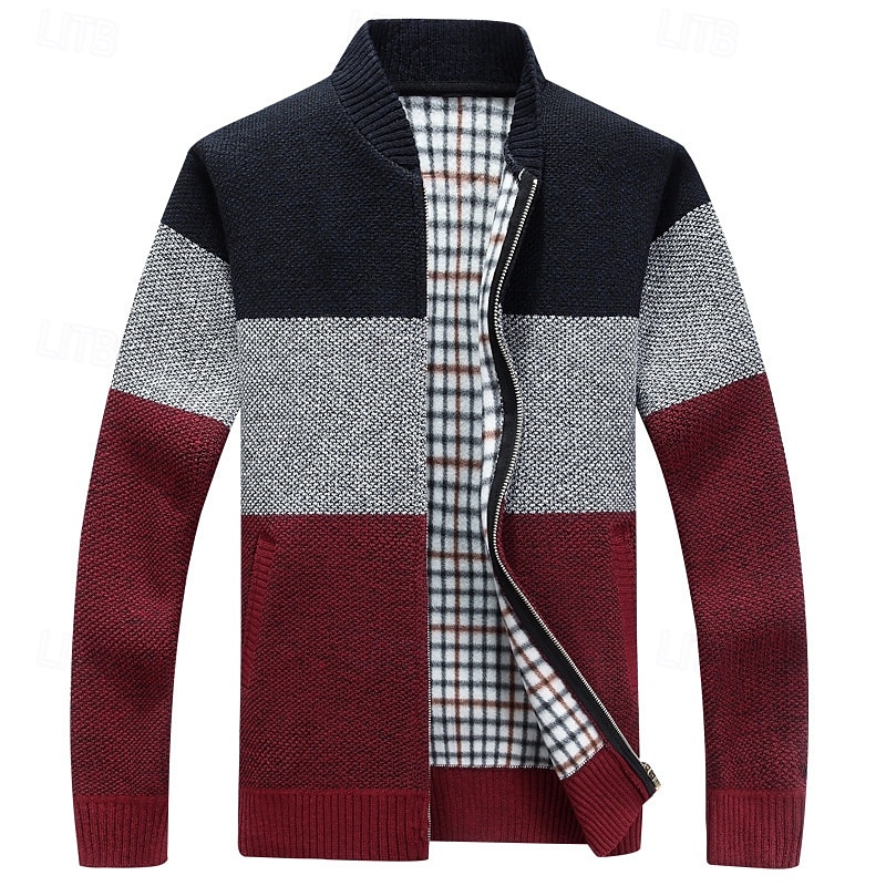 Men's Cardigan Sweater Cropped  Sweater Zip Sweater Knit Sweater Ribbed Knit Regular Patchwork Pocket Color Block Stand Collar Fashion Classic Daily Wear Date Clothing Apparel Fall & Winter Red Light4