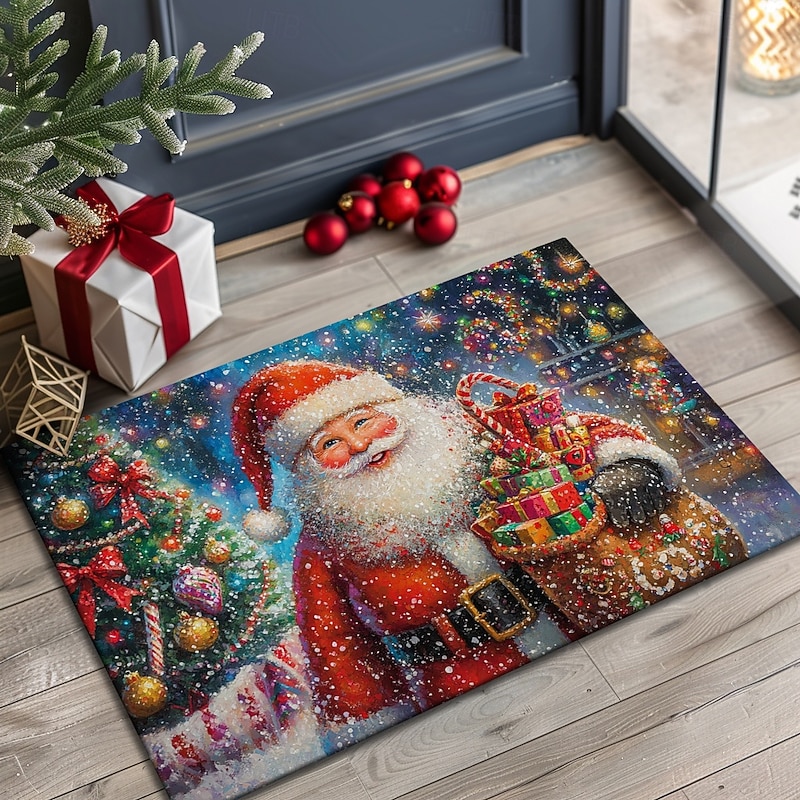 Christmas Decoration Doormat Xmas Santa Pointillism Kitchen Mat Floor Mat Non-Slip Area Rug Oil Proof Rug Indoor Outdoor Mat Bedroom Decor Bathroom Mat Entrance Rug