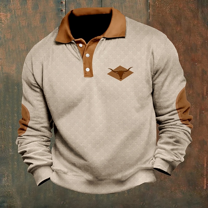 Men's Cattle Cowboy Polo Shirts Pullover Long Sleeve Polo Shirts Collar Vintage Casual Outdoor Streetwear 3D Print Buttons Fall & Winter Black White Khaki4