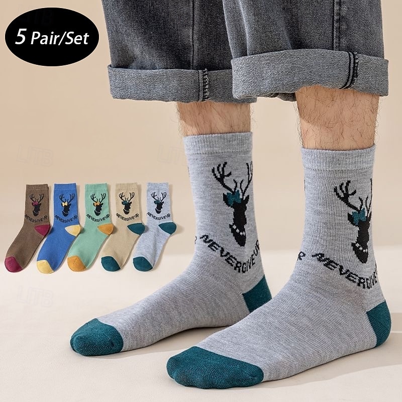 Men's 5 Pairs Multi Packs Socks Crew Socks Casual Socks Christmas Socks Rainbow Color Reindeer Christmas Daily Vacation Medium Spring Fall Fashion Casual