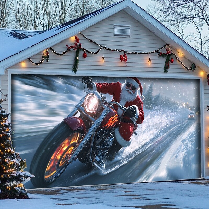 Christmas Outdoor Garage Door Cover Xmas Banner Santa Claus Motorcycle Large Christmas Backdrop Decoration for Holiday Outdoor Garage Door Home Wall Decorations4