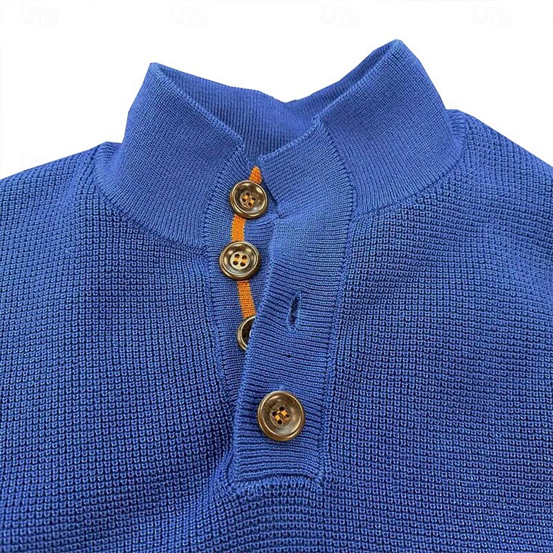 Men's Pullover Sweater Jumper Cable Knit Sweater Patch Sweater Ribbed Knit Regular Knitted Plain Stand Collar Vintage Keep Warm Daily Wear Going out Clothing Apparel Fall Winter Black Royal Blue M L2