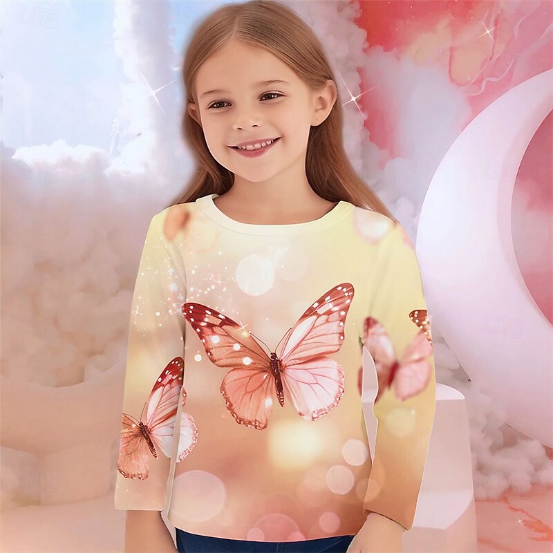 Girls' 3D Graphic Animal Butterfly T shirt Tee Long Sleeve Spring Fall Fashion Basic Kids 4-12 Years Crew Neck Outdoor Casual Daily Regular Fit2