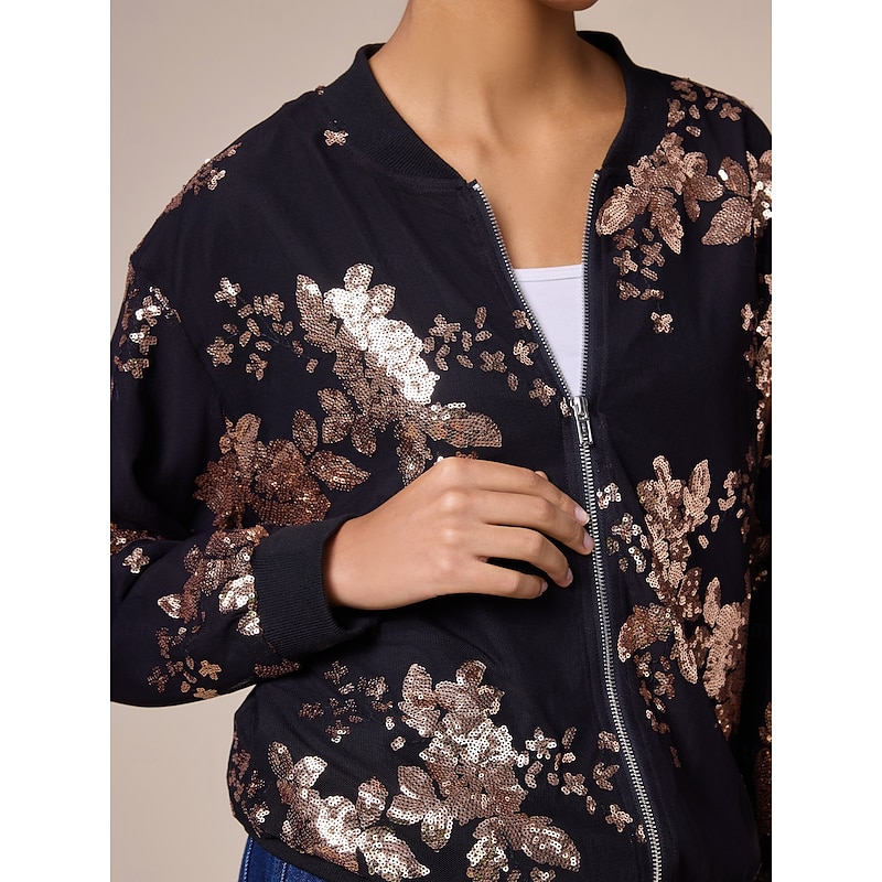 Women's Bomber Jacket Sequin Crew Neck Casual Party Evening Fall Winter2