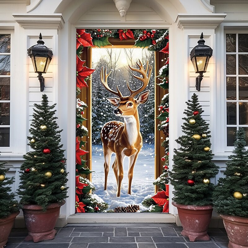 Christmas Door Decorations Door Covers Reindeer Snow Door Tapestry Door Curtain Decoration Backdrop Indoor/Outdoor Door Banner for Front Door Farmhouse4
