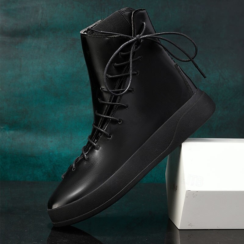 Men's Red Faux Leather High-Top Boots with Side Zipper and Lace-Up Design – Stylish Casual Footwear for Fall and Winter 23