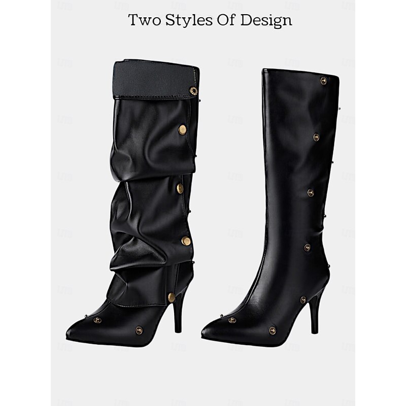 Women's Versatile Black Faux Leather High Heel Convertible Boots with Button Detailing – 2-in-1 Slouchy or Sleek Knee-High Design for Casual & Formal Occasions4