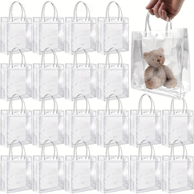 20pcs Reusable Clear Plastic Gift Tote Bags - Premium PVC Gift Wrap Bags for Parties and Events - Durable, Water-Resistant, and Reusable (7.87