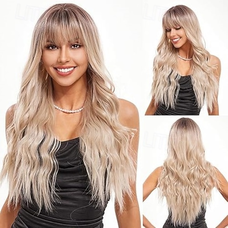 Long Wig with Bangs Wavy Wigs for Women  Synthetic Hair Wig for Daily Party Use3