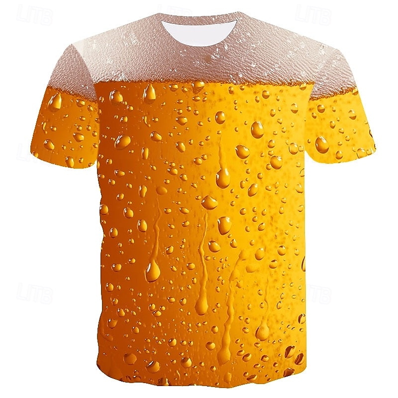 Men's Color Block 3D Beer Shirt T Shirt Short Sleeve T shirt Round Neck Shirt Basic Going out Weekend Oktoberfest Light Yellow Black White Clothing Apparel Plus Size S M L XL 2XL 3XL S