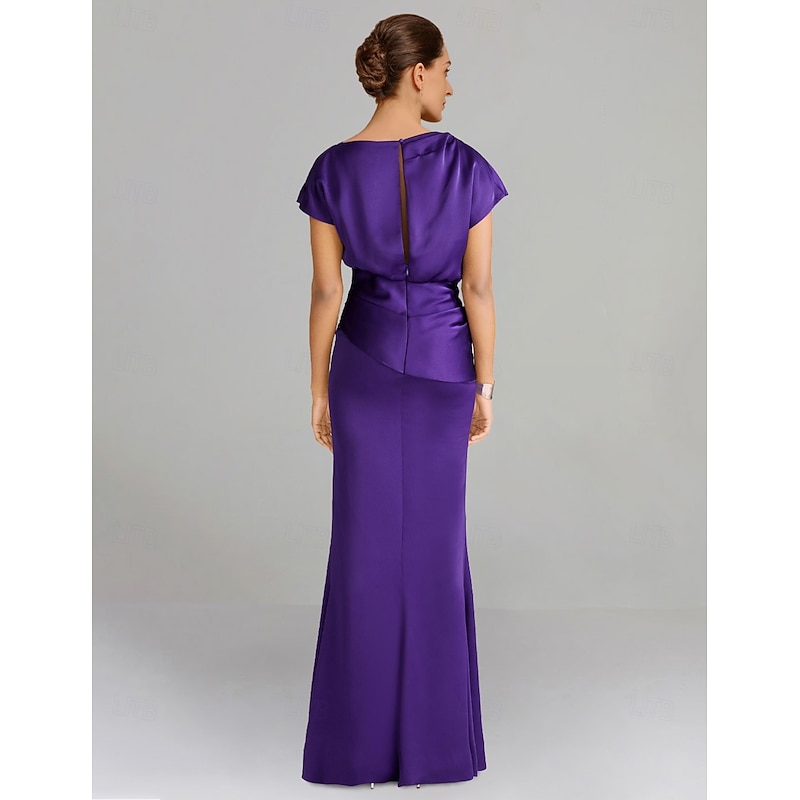 Sheath Dress Mother of the Bride Dress Formal Elegant Off Shoulder Floor Length Satin Short Sleeve with Ruched Solid Color2