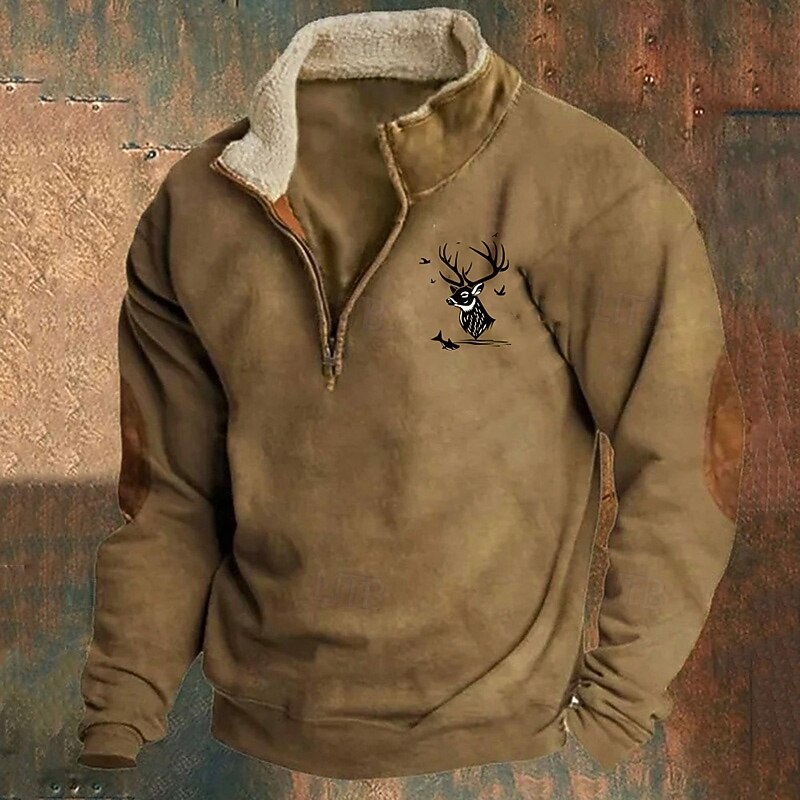 Men's Sweatshirt Quarter Zip Sweatshirt Navy Blue Brown Light Grey Dark Gray Half Zip Reindeer Print Christmas Daily Holiday Polyester Streetwear Casual Thin fleece Fall & Winter Clothing Apparel4