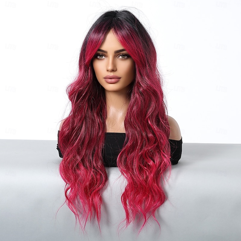 Synthetic Wig Uniforms Career Costumes Princess Curly Wavy Middle Part Layered Haircut Machine Made Wig 26 inch Black / Red Synthetic Hair Women's Cosplay Party Fashion Red3