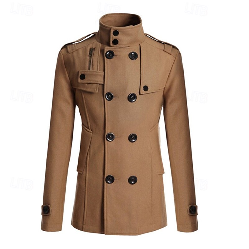 Men's Field Coat Peacoat Trench Coat Daily Vacation Fall & Winter Polyester Thermal Warm Outerwear Clothing Apparel Fashion Classic Plain Pocket Stand Collar Double Breasted3