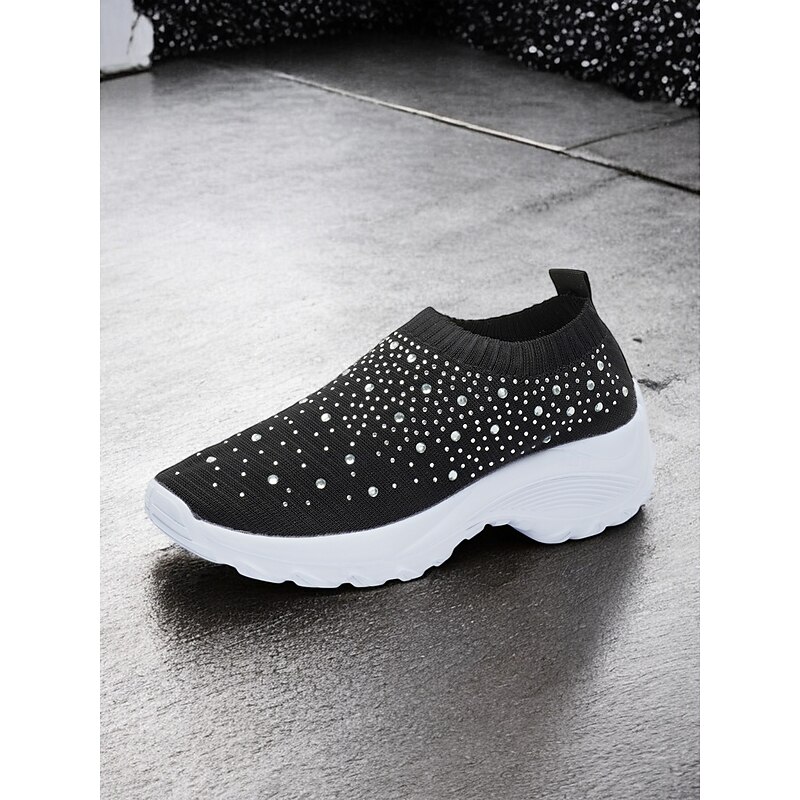 Women's Black Slip-On Sneakers with Rhinestone Embellishments and Chunky White Sole – Stylish and Comfortable Athletic Shoes for Casual Wear2