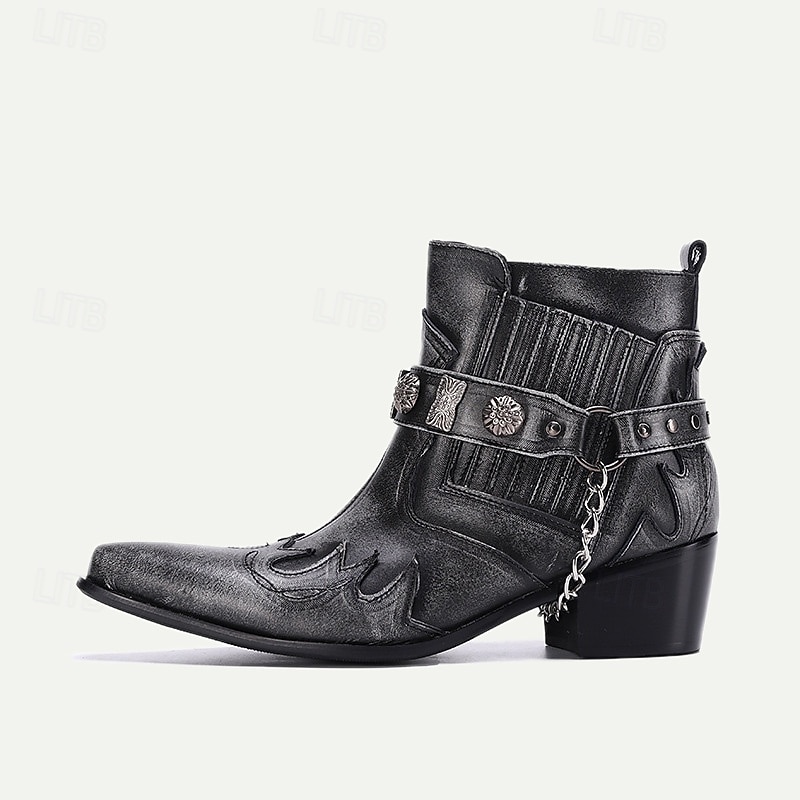 Men's Black Premium Cowhide Leather Motorcycle Boots with Western Style, Metal Studded Strap, and Chain Accent – Perfect for Biker and Cowboy-Inspired Fashion3