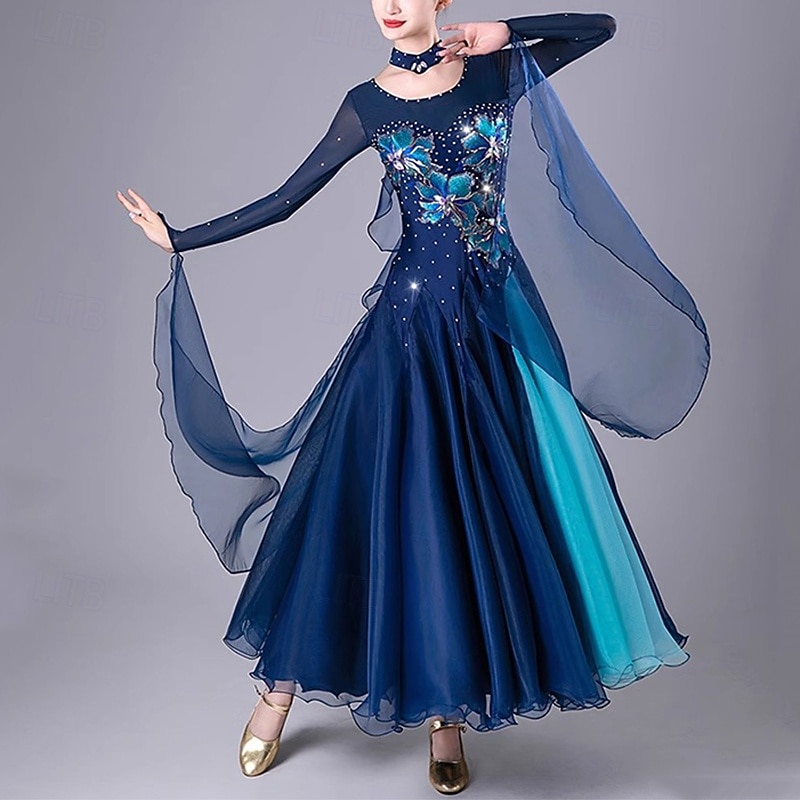 Ballroom Dance Dress Embroidery Splicing Crystals / Rhinestones Women's Performance Training Long Sleeve Mesh Spandex Organza