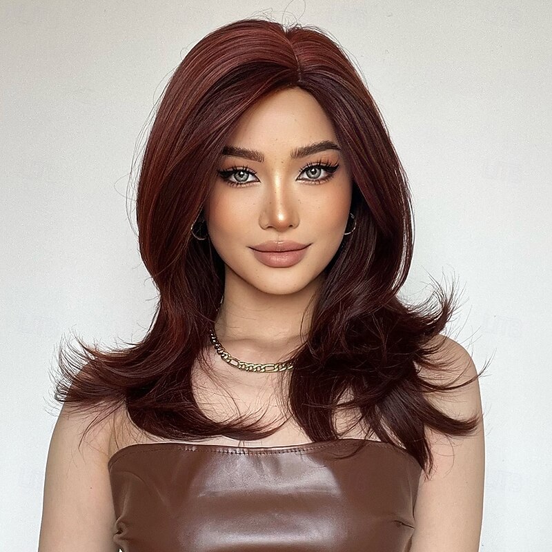 Synthetic Wig Uniforms Career Costumes Princess Straight kinky Straight Middle Part Layered Haircut With Bangs Machine Made Wig 22 inch Wine Red Synthetic Hair Women's Cosplay Party Fashion Burgundy4