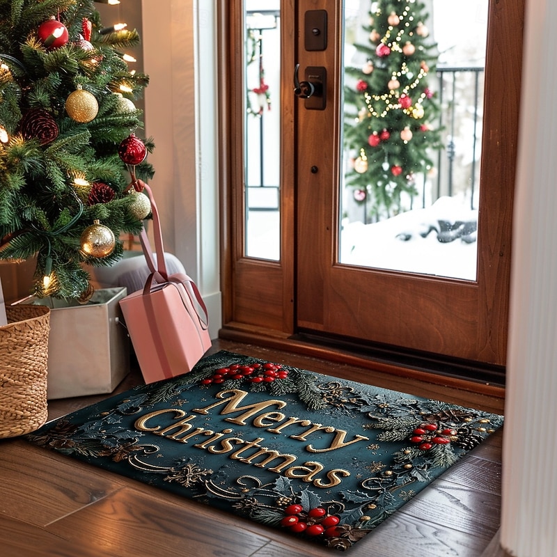 Christmas Decorations Doormat Poinsettia Kitchen Mat Floor Mat Non-Slip Area Rug Oil Proof Rug Indoor Outdoor Mat Bedroom Decor Bathroom Mat Entrance Rug4