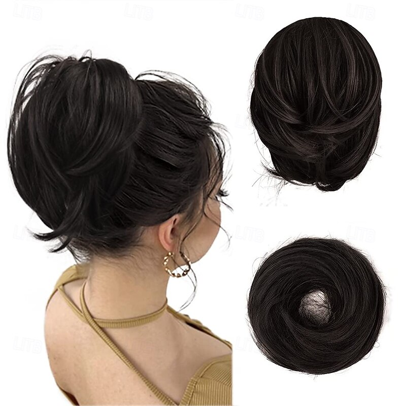 Straight Hair Bun Extensions, Short Ponytail Brown Hair Bun Extensions, Synthetic Messy Bun Hairpieces Elastic Easy Scrunchies for Women Girls3