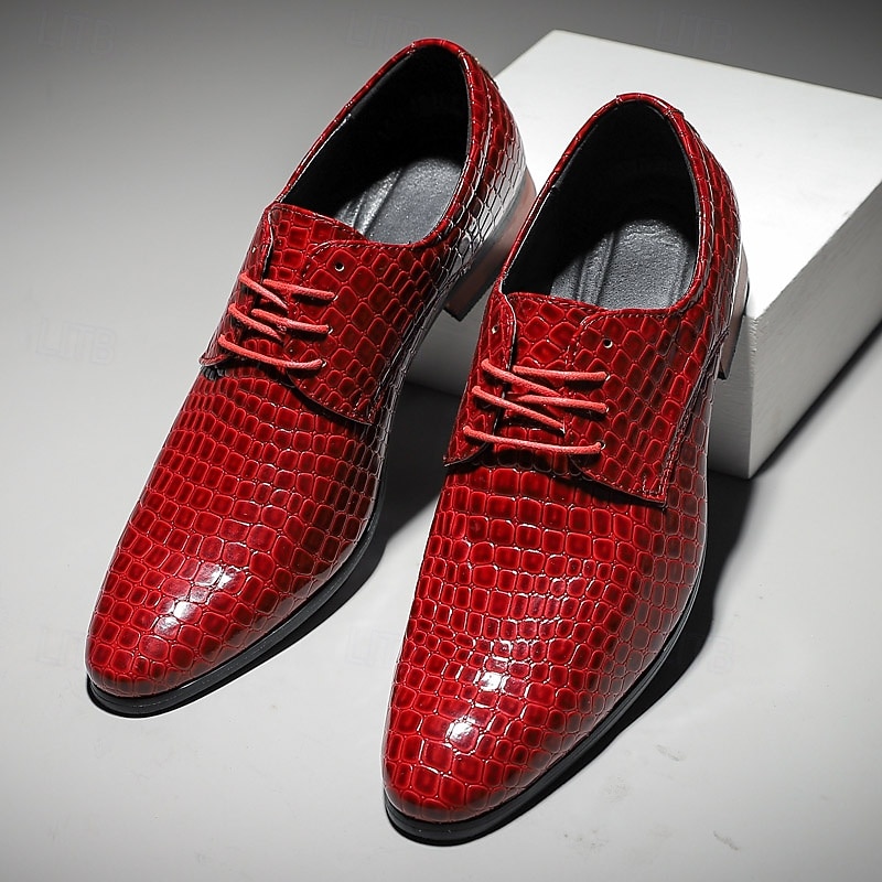 Men's Red Crocodile Pattern Lace-Up Dress Shoes - Sleek Patent Faux Leather Oxford Shoes for Christmas,Formal Events and Parties3