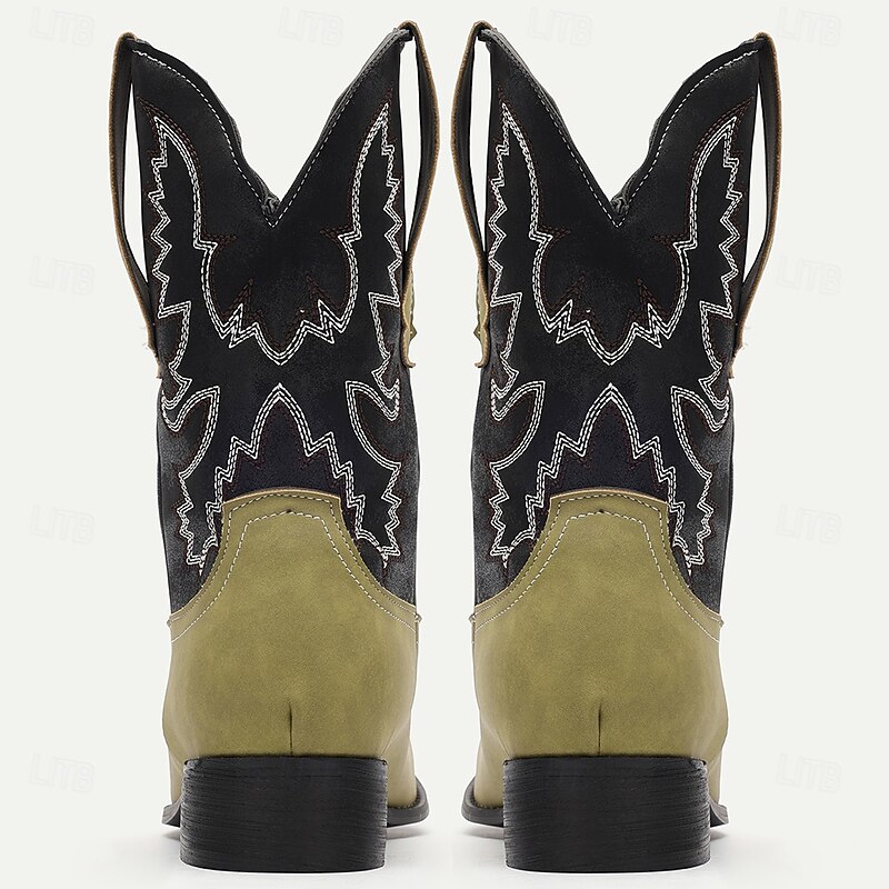 Men's Green and Black Faux Suede Western Cowboy Boots with Embroidered Design - Classic Vintage-Style Boots for Rodeo and Outdoor Wear3
