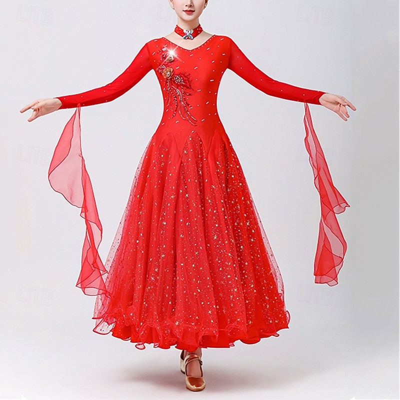 Ballroom Dance Dresses for Women Smooth Waltz Tango Great Swing Long Sleeve Dance Outfit Competition Dress3