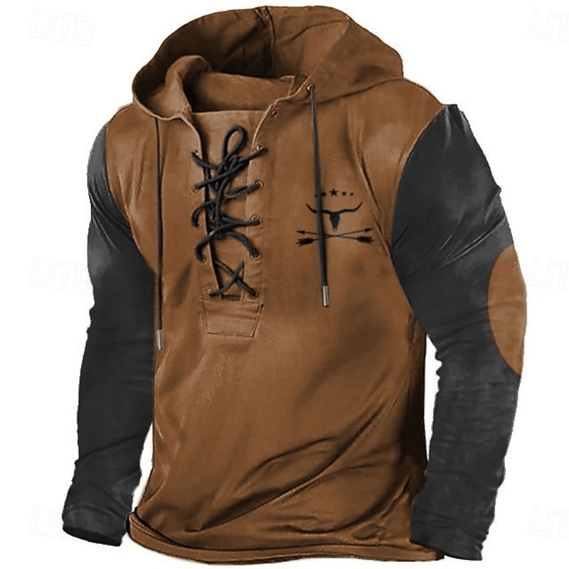 Men's Cow Hoodie Hoodies Sweatshirt Fashion Cool Long Sleeve Hooded Brown Khaki Drawstring Fall Winter Designer