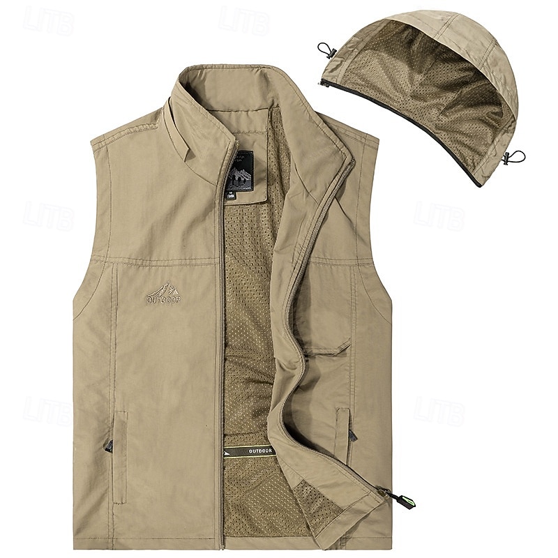 Men's Vest Gilet Fishing Vest Hiking Vest Daily Date Vacation Fashion Casual Spring &  Fall Pocket Detachable Hood Polyester Comfortable Plain Zipper Hooded Regular Fit Black Khaki Army Green Dark