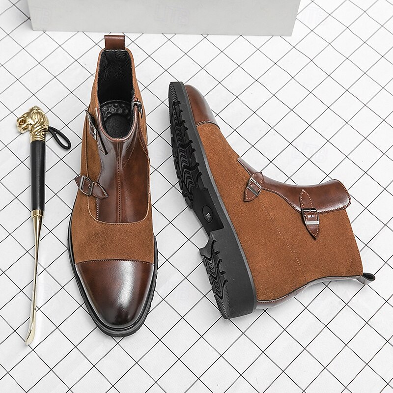 Men's Brown Faux Suede and Leather Ankle Boots with Double Buckle Straps - Stylish Formal Boots for Parties and Events4