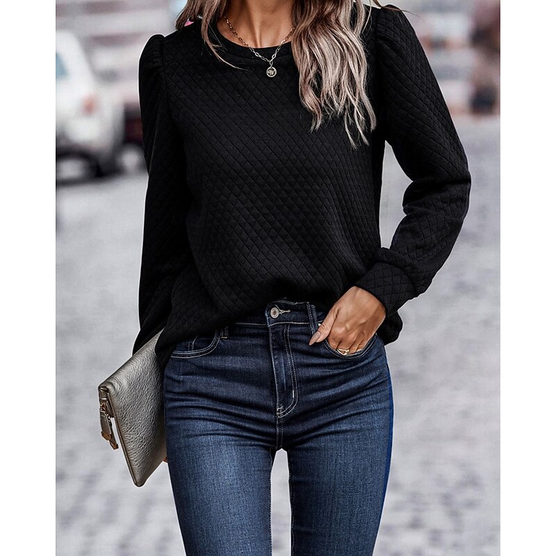 Women's Shirt Texture Sweatshirt Waffle Sweatshirt  Solid Color Business Modern Long Sleeve Crew Neck Regular Tops Work Black Navy Blue Brown Beige Fall Winter3
