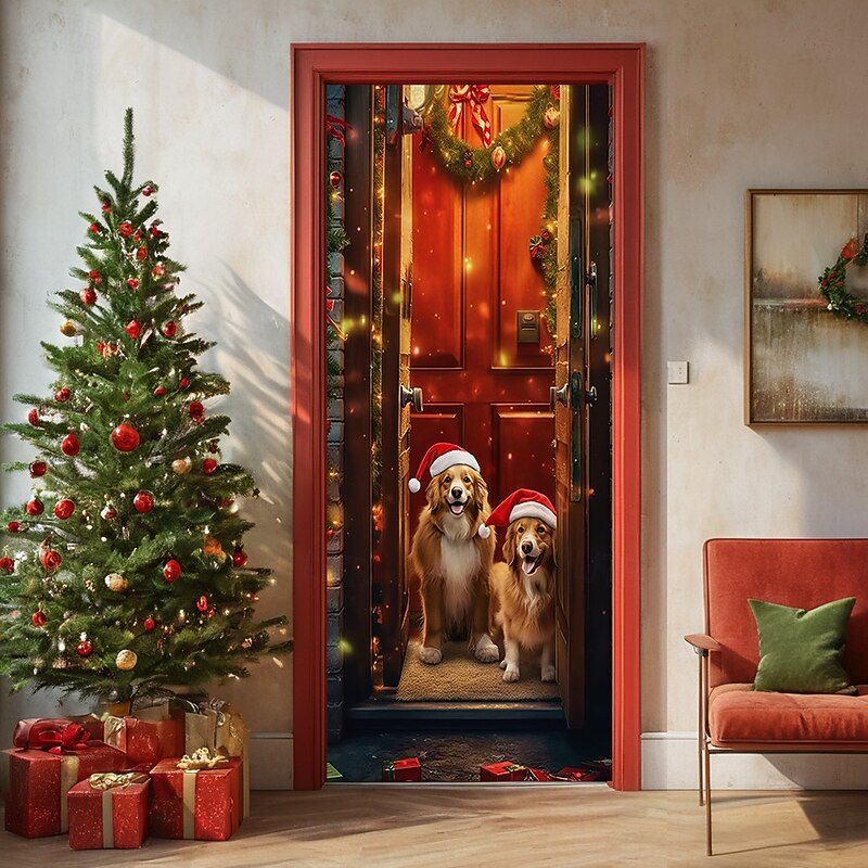 Christmas Door Decorations Door Covers Xmas Dogs Door Tapestry Door Curtain Decoration Backdrop Door Banner for Front Door Farmhouse Holiday Party Decor Supplies Indoor/Outdoor3