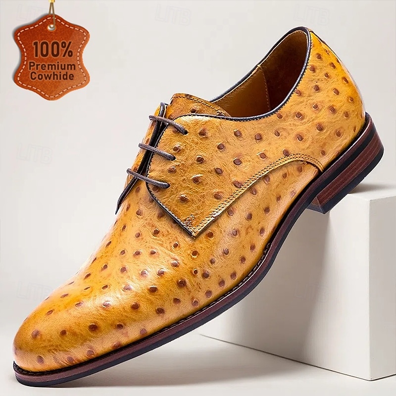 Men's Ostrich Leather Derby Shoes - Luxury Formal Dress Shoes for Business and Special Occasions