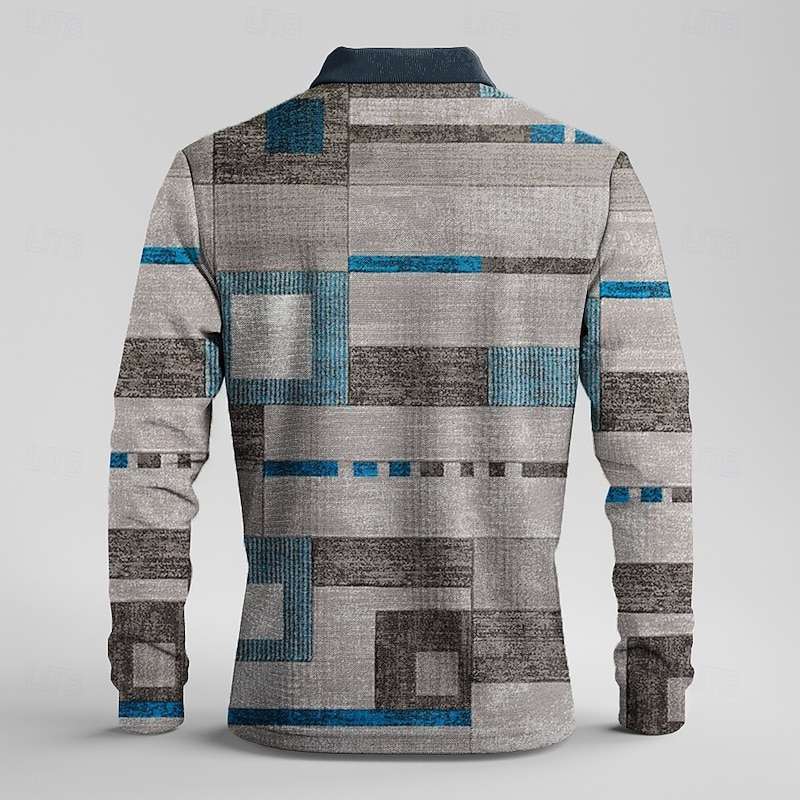 Men's Plaid Waffle Polo Shirts Golf Shirt Long Sleeve Polo Shirts Collared Shirts Vintage Casual Vacation Wear Formal Wear Festival Wear 3D Print Buttons Spring Fall Winter Gray2