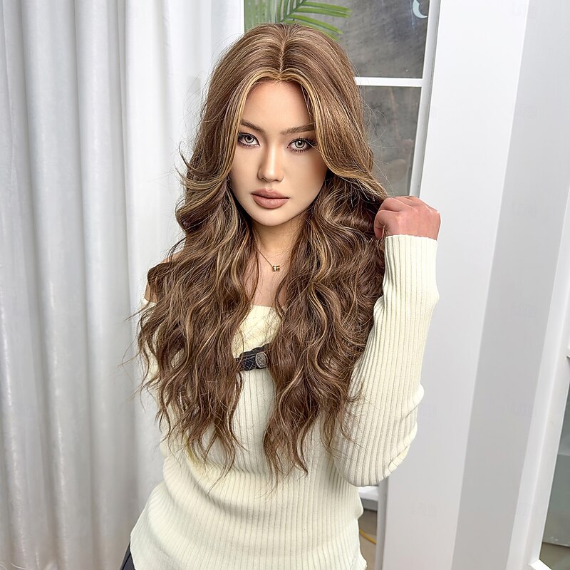 Synthetic Wig Uniforms Career Costumes Princess Curly Wavy Middle Part Layered Haircut Machine Made Wig 26 inch Black / Brown Synthetic Hair Women's Cosplay Party Fashion Black3