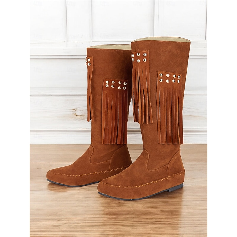 Women's Faux Suede Fringe Boots with Studded Details – Retro Western Style Knee-High Moccasin Boots for Casual or Festival Wear2
