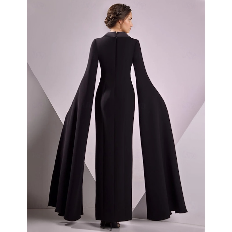 Tuxedo Dress Sheath Formal Satin Elegant Black Dress 3/4 Sleeve Pleated Ankle Length Split Thigh Notched Lapels Single Breasted2