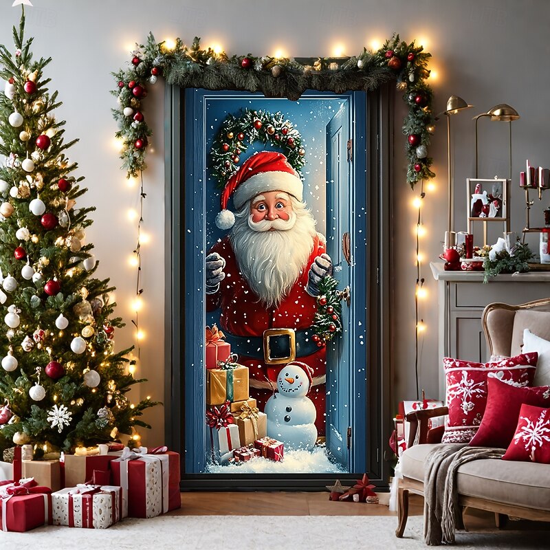 Christmas Door Decorations Door Covers Xmas Santa Door Tapestry Pink Door Curtain Decoration Backdrop Door Banner for Front Door Farmhouse Holiday Party Decor Supplies Snowman Indoor/Outdoor3
