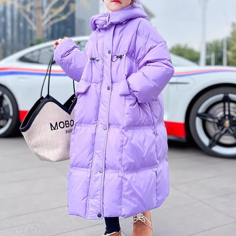 Kids Girls' Down Coat Puffer Jacket Solid Color Fashion Pocket School Coat Outerwear 4-12 Years Fall Black3