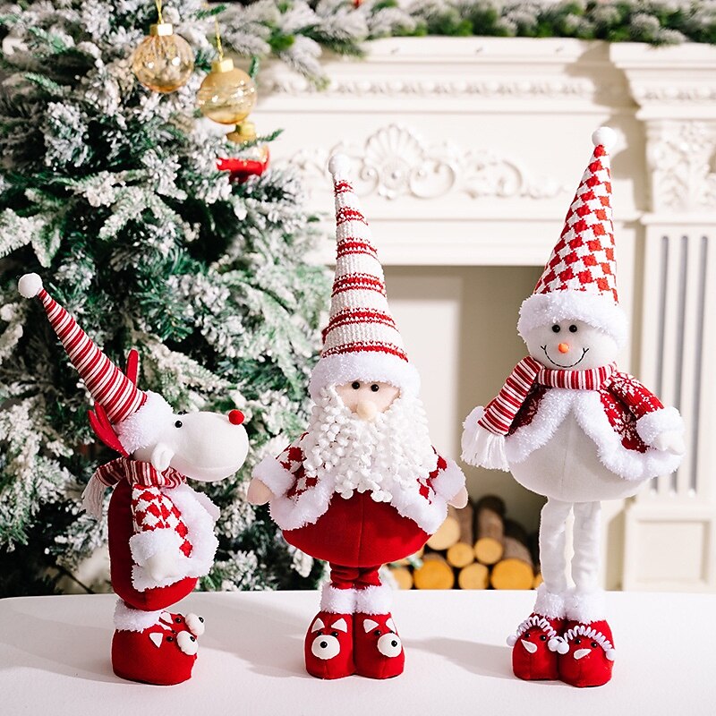 Christmas Plush Figurines, Red and White Striped Santa Claus, Snowman, and Reindeer Stretchable Dolls, Xmas Holiday Decorations for Festive Display2