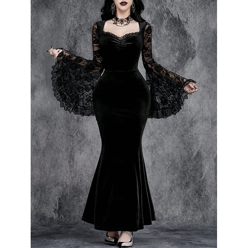 Gothic Maxi Dress Mermaid Tail Bell Sleeve Morticia Addams Lace Velvet Fancy Dress Women's Fantasy Halloween Carnival Masquerade Performance Party Adults' Dress Fall & Winter2