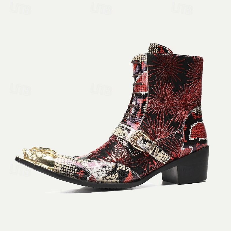 Men's Premium Cowhide Leather Lace-Up Motorcycle Boots with Gold Tip Dragon Buckle, Snakeskin and Sequin Pattern–Bold Western Style for Biker Events and Cosplay4