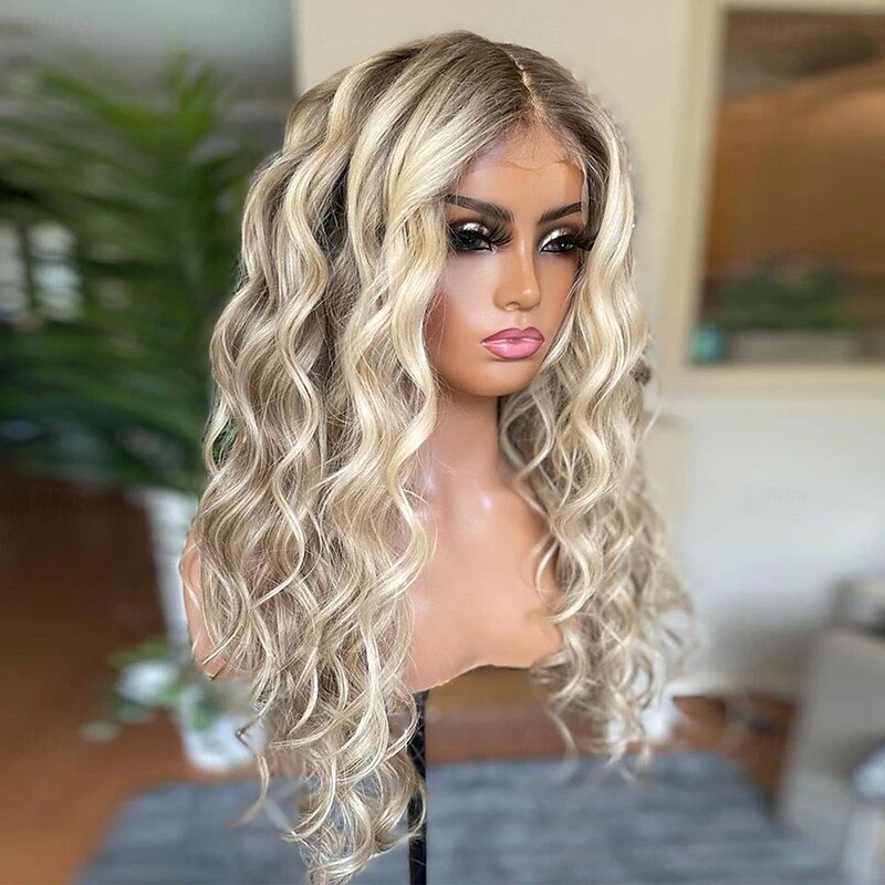 Unprocessed Virgin Hair 13x4 Lace Front Wig Middle Part Brazilian Hair Wavy Loose Curl Blonde Wig 130% 150% Density Ombre Hair Highlighted / Balayage Hair 100% Virgin Glueless Pre-Plucked For Women4