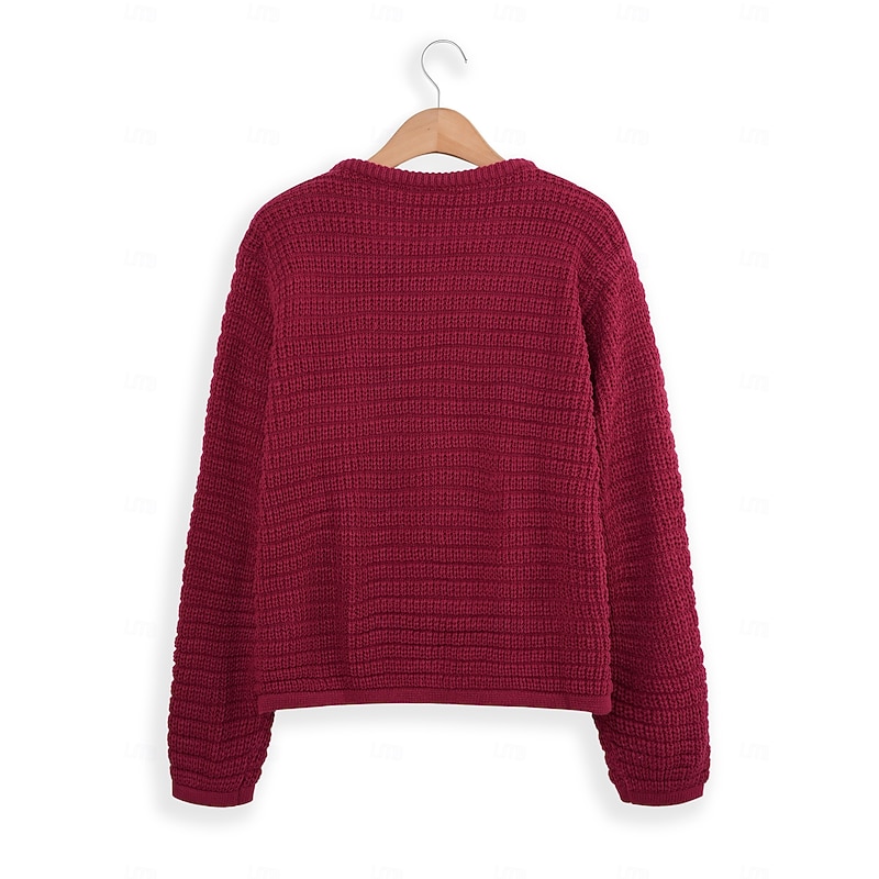 Women's Classic Cardigan Crew Neck Knitted Textured Fall Winter Formal Elegant Fashion Daily Long Sleeve Solid Color Wine Red Black3