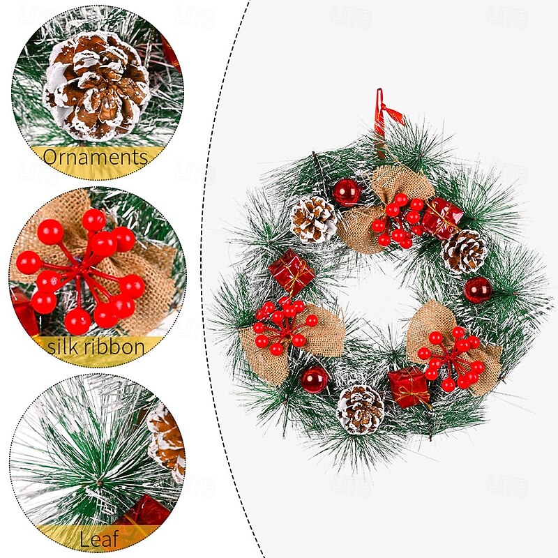 Christmas Wreath Outdoor for Front Door Winter Wreath 30cm - Pine Cone and Large Red Flower Decorations, Burlap Bow, Festive Wall Decor, Holiday Home Atmosphere Enhancer2