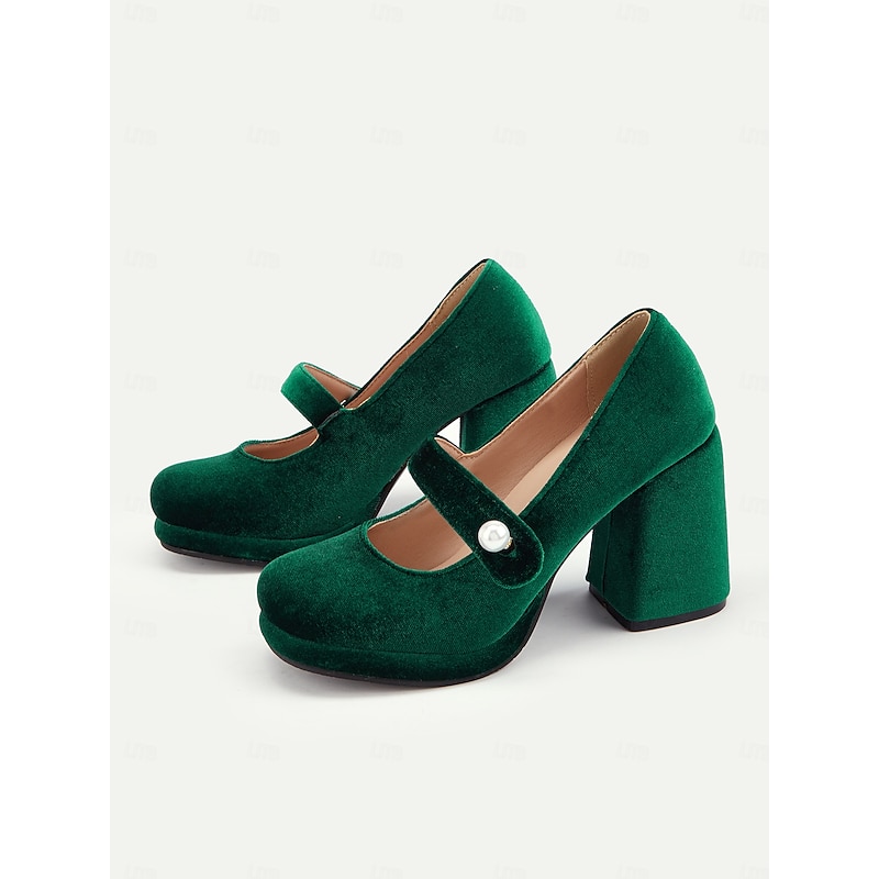 Women's Green Velvet Mary Jane Block Heels with Pearl Accent – Retro Platform Pumps for Party and Formal Events2