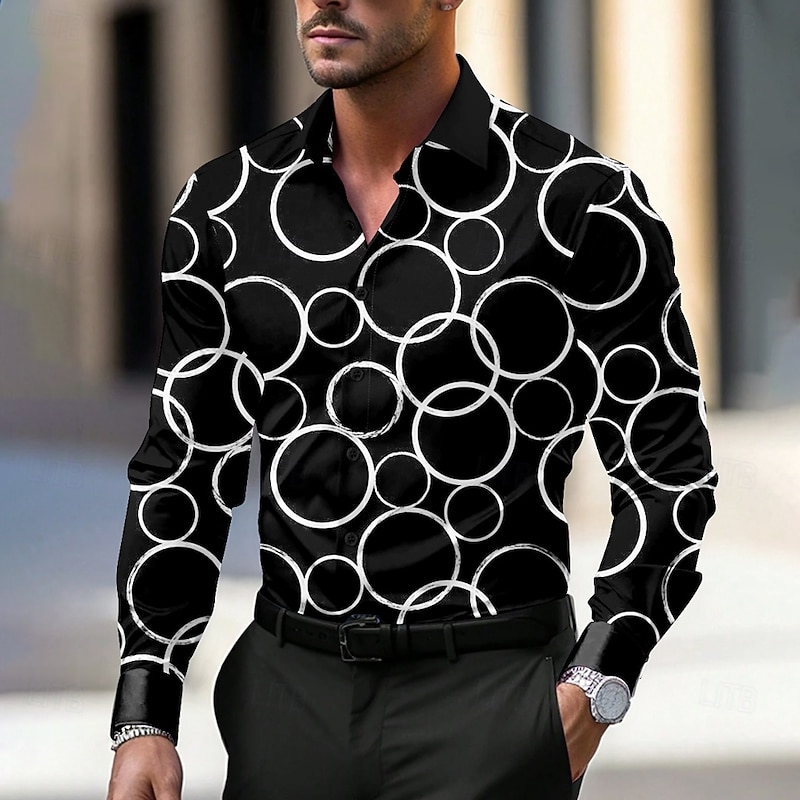 Men's Circle Geometric Pattern Dress Shirt Button Up Shirt Long Sleeve Business Casual Business Daily Fall Winter Spring & Summer Shirt Collar Button Up 3D Print Black
